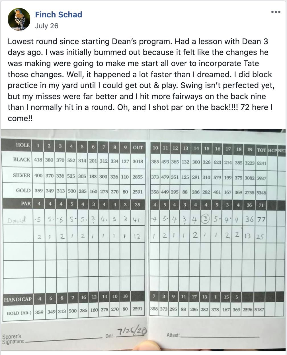 David shot his lowest round yet, even par on the back nine for a 77.
